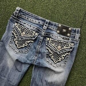 Y2K Miss Me Embroidered Braided Design Flap Pocket Washed Bootcut Denim Jeans